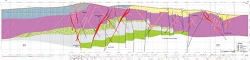 "Figure 1: SW-NE Section across the Bajo Negro ??? Silica Cap ??? Vein Zone system (CNW Group|Goldcorp Inc.)"