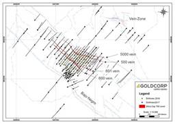 Figure 1:  Plan map illustrating the Silica Cap complex 600, 601, 500 and 5000 veins. (CNW Group|Goldcorp Inc.)