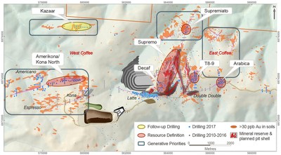 Figure 12: Coffee Project drilling location map and planned future mine infrastructure.  Drill collars highlighting drilling completed in 2017. (CNW Group|Goldcorp Inc.)