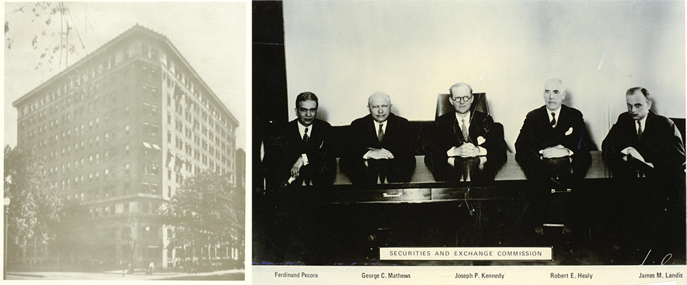 The U.S. Securities and Exchange Commission's first headquarters building was located at 1778 Pennsylvania Avenue, NW, Washington, D.C.  The first SEC Commissioners in 1934: (left to right) Commissioner Ferdinand Pecora; Commissioner George C. Mathews; Chairman Joseph P. Kennedy; Commissioner Robert E. Healy; Commissioner James M. Landis