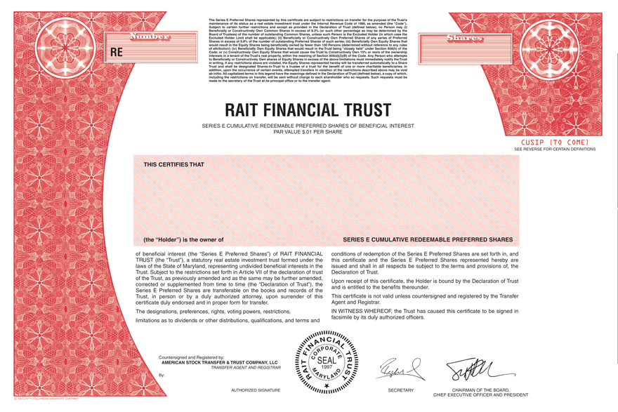 Form Of Certificate For Series E Cumulative Redeemable Preferred Shares