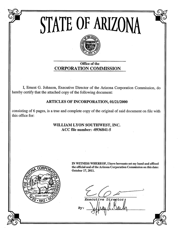 Arizona Certificate of Organization