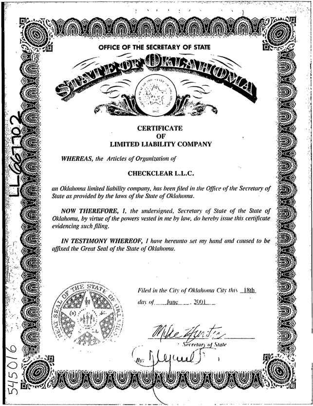 Certificate of Authority Oklahoma