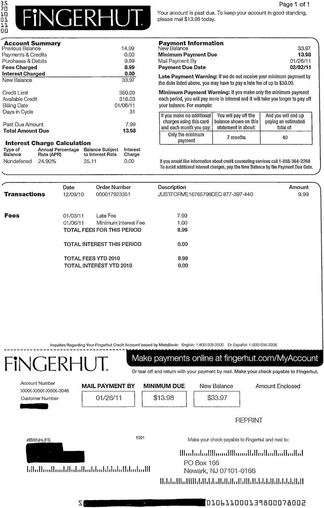 Fingerhut Minimum Payment Chart