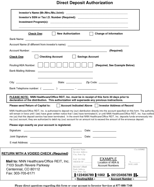 (A REIT DIRECT DEPOSIT AUTHORIZATION FORM)