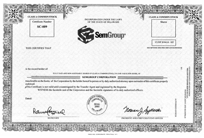 Form of Class A common stock certificate of the registrant