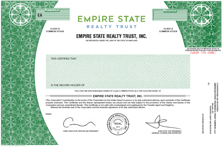 Form of Class A common stock certificate of the registrant