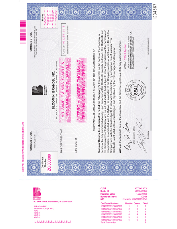 Form Of Common Stock Certificate