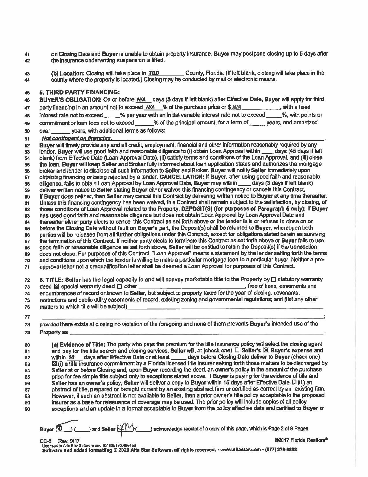 Ex 10 1 2 F10q0620ex10 1 Legacy Htm Commercial Contract Dated July 24 2020 By And Between Daniel Thom As Trustee Of Torstonbo Trust And 1612 E Cape Coral Parkway Holding Co Llc Exhibit