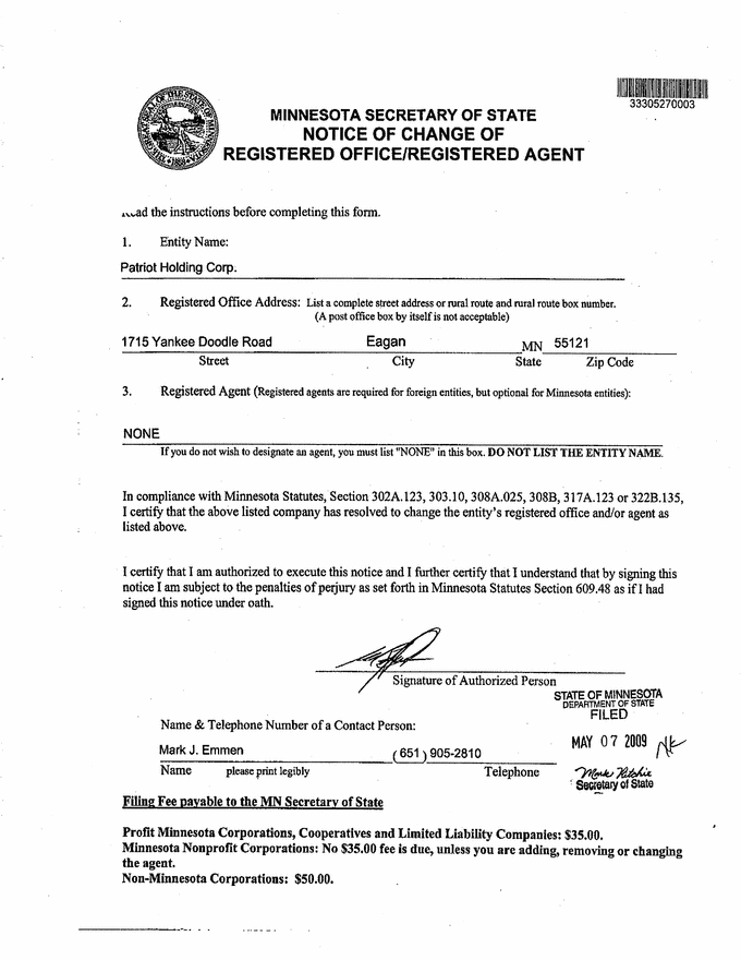 Notice of registered office Notice of registered office