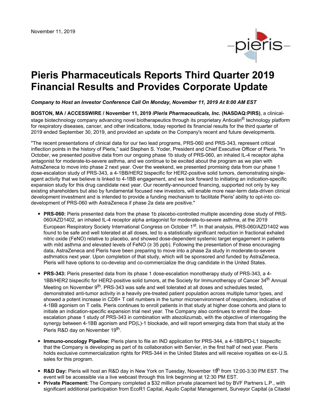 Pirs 8k Pieris Pharmaceuticals Inc Financial Statements And