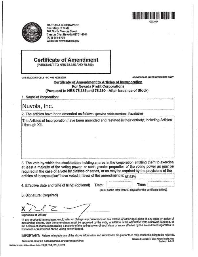 nevada certificate of amendment
