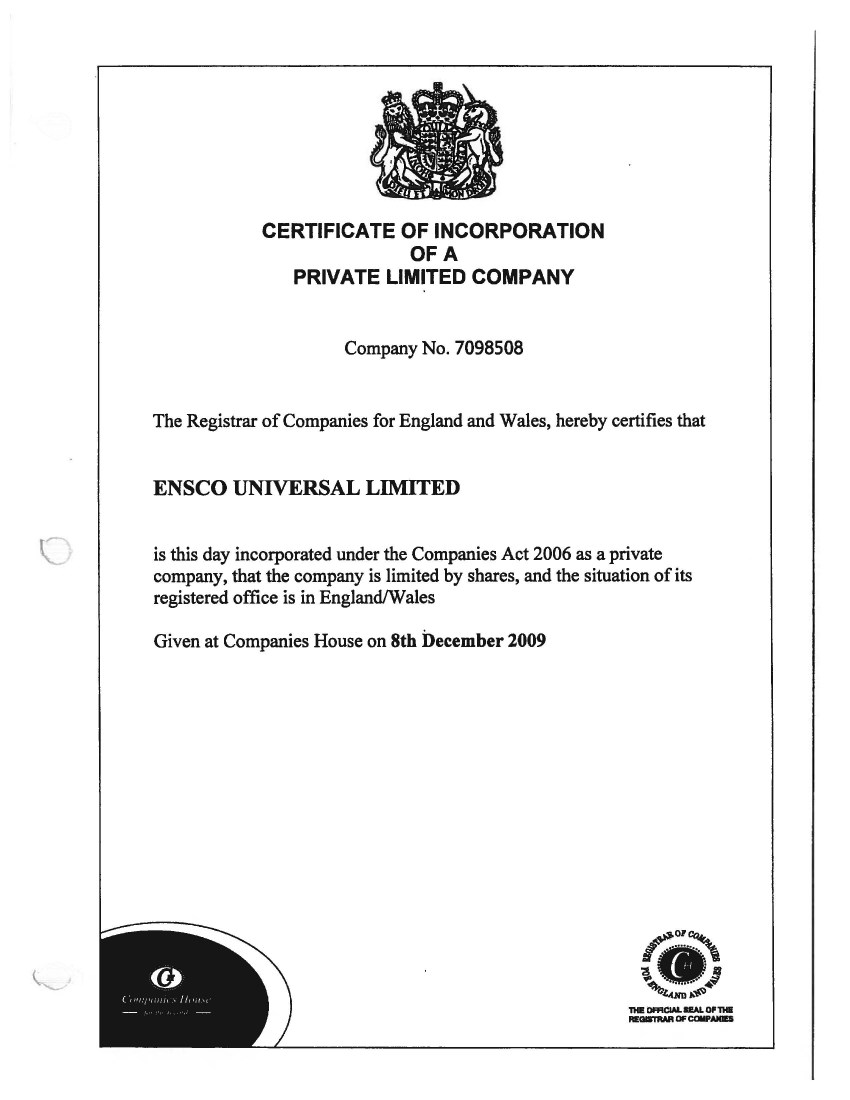 CERTIFICATE OF INCORPORATION OFA PRIVATE LIMITED COMPANY Company ...