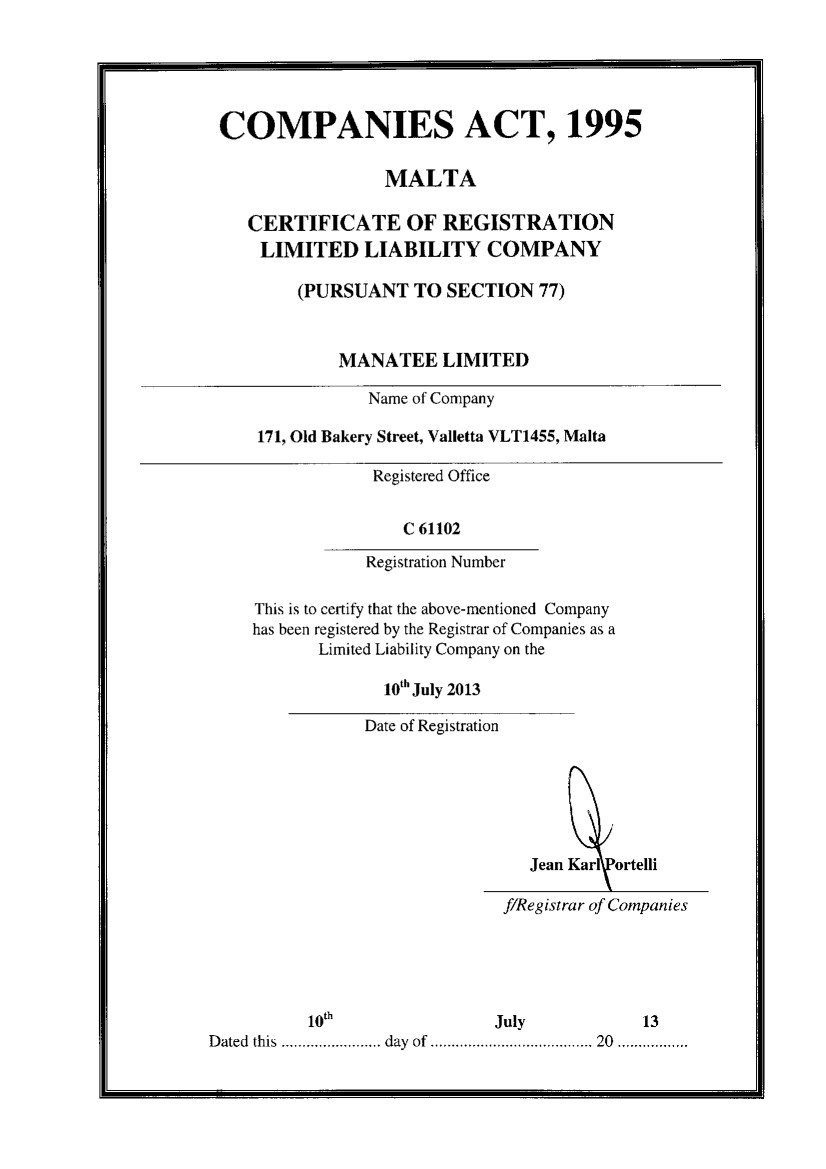 Certificate of Incorporation of Manatee Limited.   Valaris PLC ...