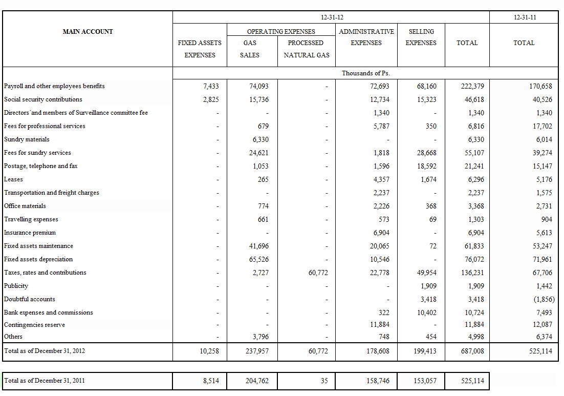 metrogas s a balance sheet as of december 31 2012