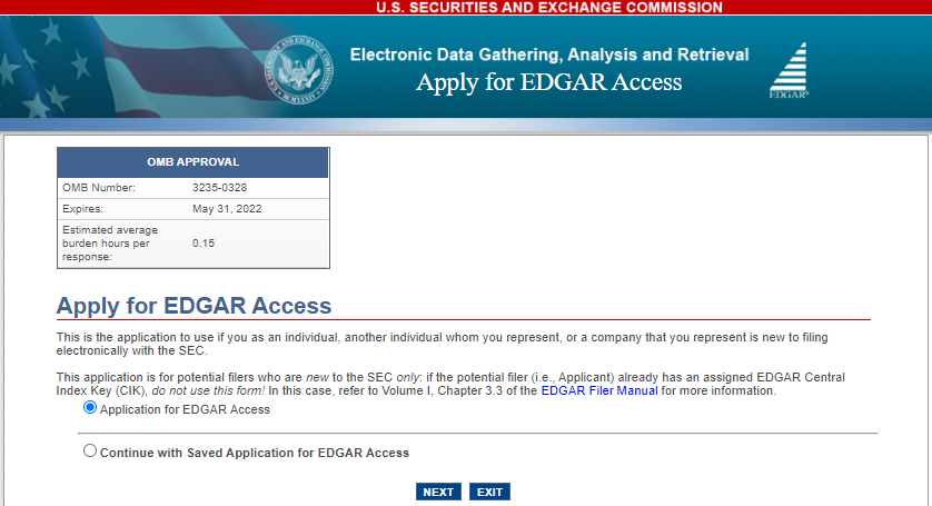 Apply for EDGAR access (new) screenshot
