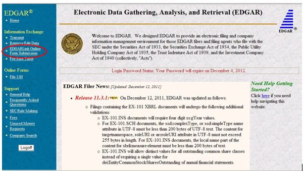 Screenshot depicting the EDGARLink Online Form Submission link in the left navigation column