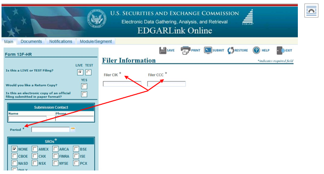 Screenshot depicting where to enter CIK, CCC, Submission Type, and Period options on the Filer Information page