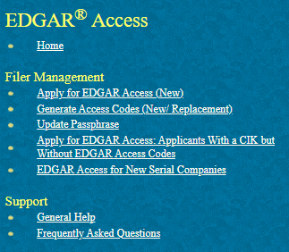 EDGAR access left navigation menu