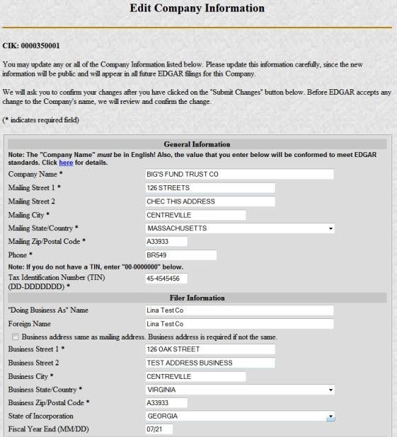 Screenshot depicting the company information page