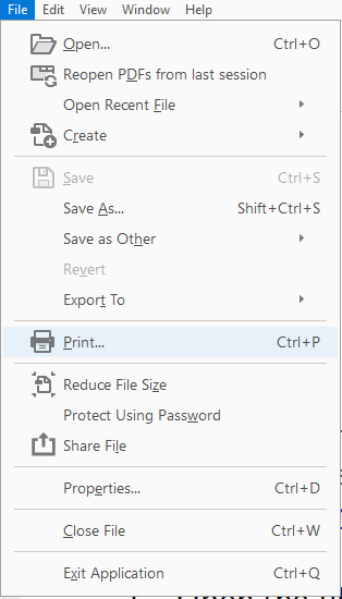 Screenshot depicting the Adobe Acrobat print option located under the file tab 