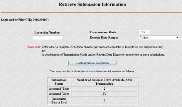 Screenshot of Retrieve Submission Information page featuring field to enter accession number and dropdowns to enter submission type and date range