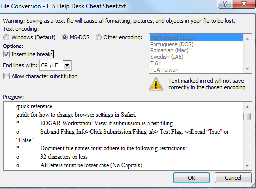 Screenshot depicting the File Conversion - FTS Help Desk Cheat Sheet