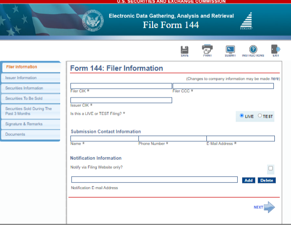 screenshot of Form 144 - filer information page