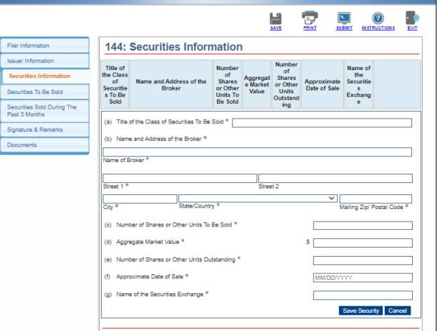 screenshot of Form 144 - securities information page