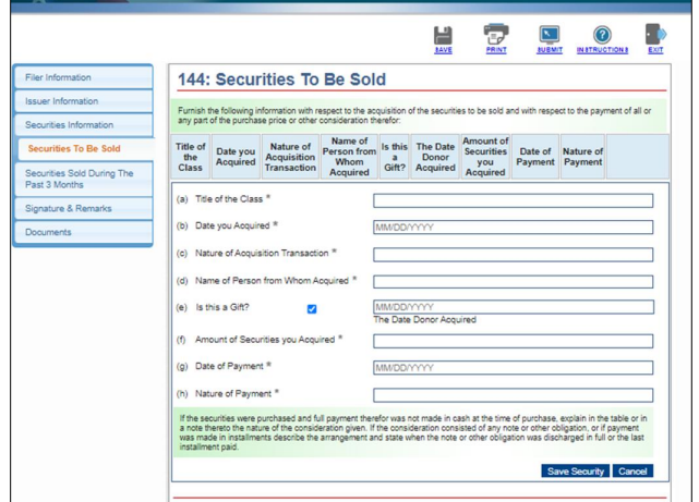 screenshot of Form 144 - securities to be sold page