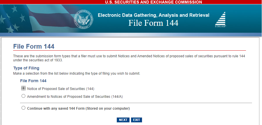 screenshot of EDGAR Online Forms Management for Form 144