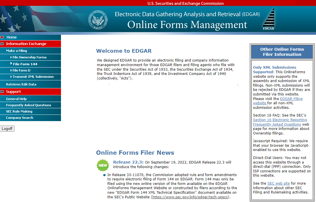 screenshot of EDGAR Online Forms Management welcome screen