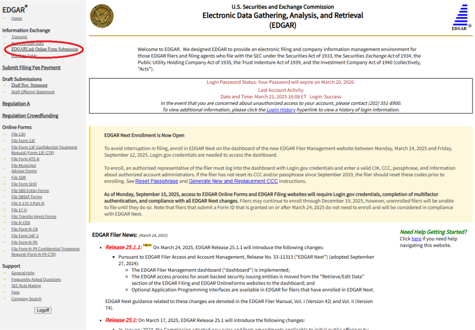 Screenshot depicting home page of EDGAR Filing website, with the EDGARLink Online Form Submission link circled in red