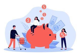 animated graphic showing high school-aged kids around a piggy bank