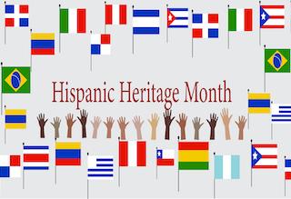 featured image graphic with flags, raised hands, and the words, "Hispanic Heritage Mont"