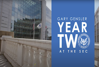 Graphic with SEC building in the background and "Gary Gensler Year Two" on the side