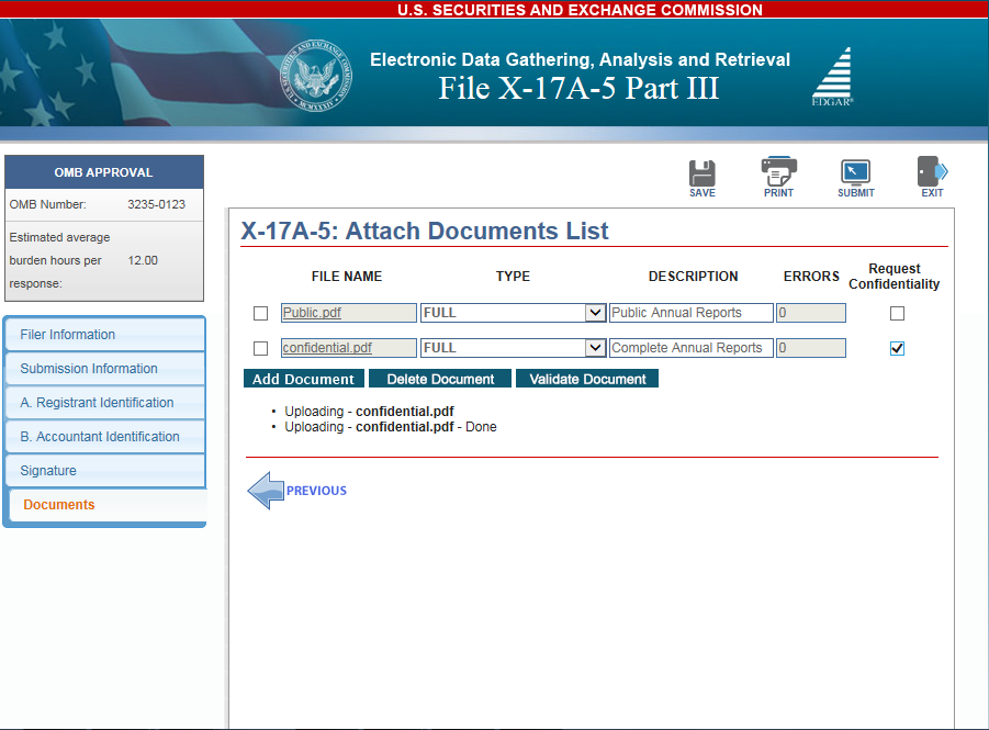 www.edgarfiling.sec.gov X-17A-5 Attach Confidential Documents screen