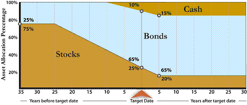 The fund in Example 2 holds 25% in stocks at the target date, 
and reaches its final investment mix with 20% in stocks five years later.  The fund in Example 2 also holds cash 
investments (such as money market funds) as part of its mix.