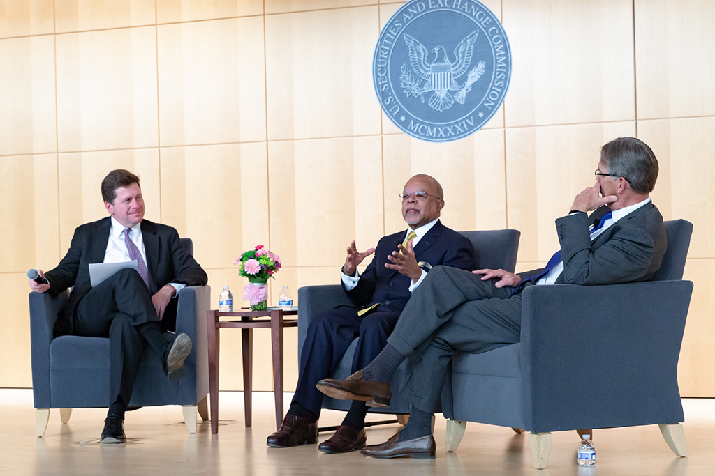 Dr. Henry Louis Gates answered questions during a fireside chat with Chairman Jay Clayton and Glenn Hutchins, Chair of the Hutchins Center for African & African American Research at Harvard University. 